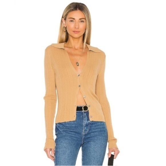 Vince 100% Cotton Ribbed Polo Cardigan - Tan Large